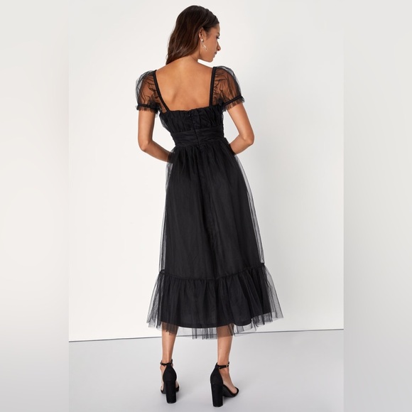 Lulus Flawless Aura Black Tulle Puff Sleeve Ruffled Midi Dress - Picture 4 of 9